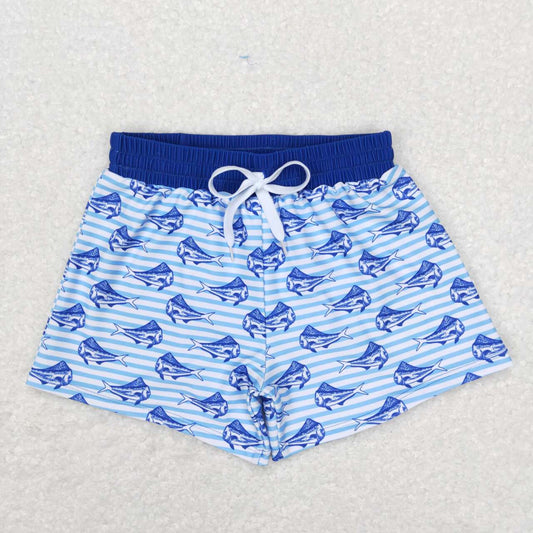 S0172 boys fish blue and white stripes summer swim trunks shorts