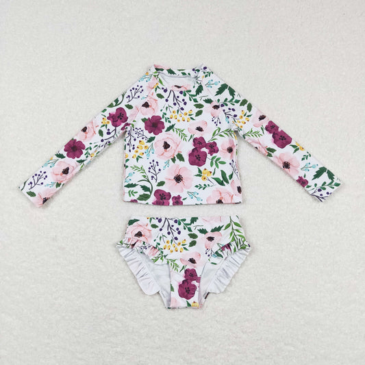 S0180 kids girls pink flowers swimwear