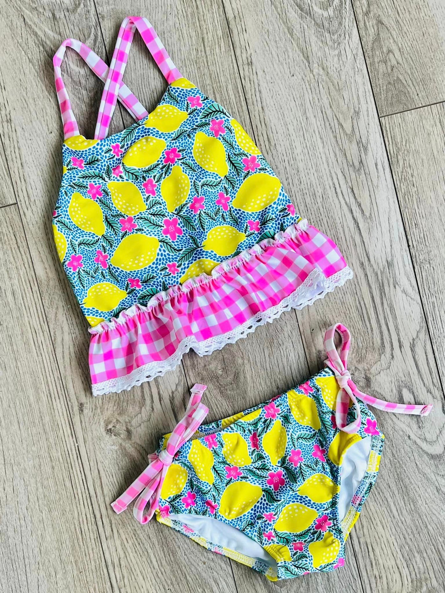 S0219 pre-order baby girl clothes lemon pink plaid summer swimsuit