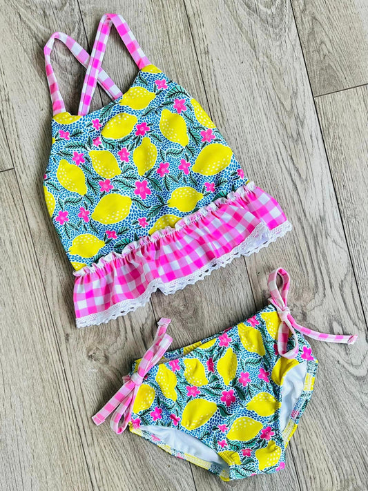 S0219 pre-order baby girl clothes lemon pink plaid summer swimsuit