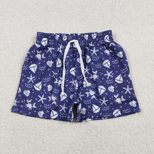 S0587 Baby Boys Blue Shells Boats Sea World Swimming Trunks Shorts Bottom