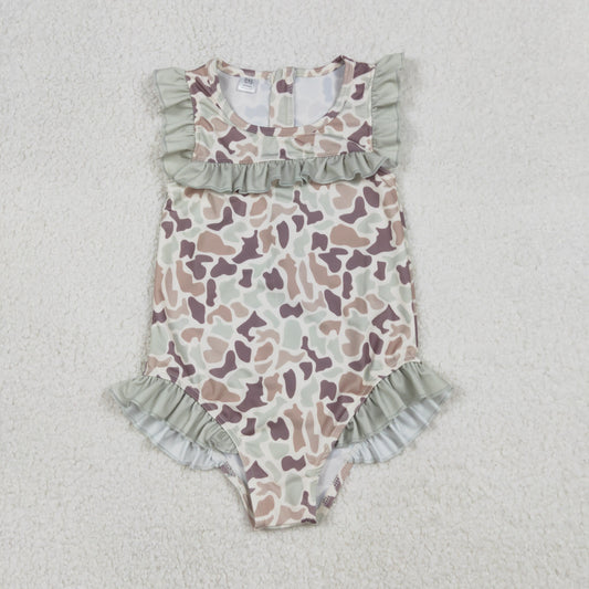 S0595 Baby Girls Sleeveless Southern Khak Camo Ruffle Swimsuits