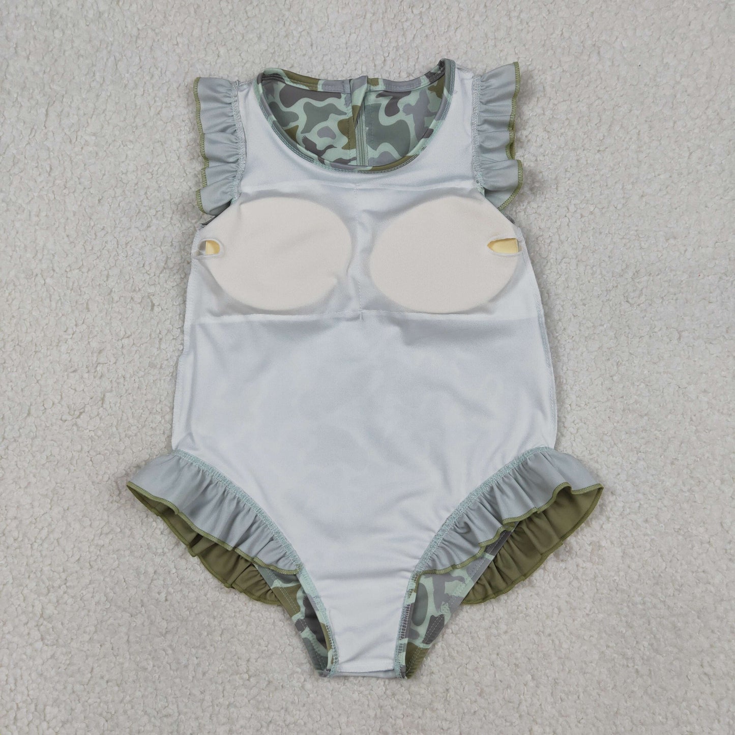 S0596 Baby Girls Sleeveless Southern Hunting Green Ducks Camo Ruffle Swimsuits