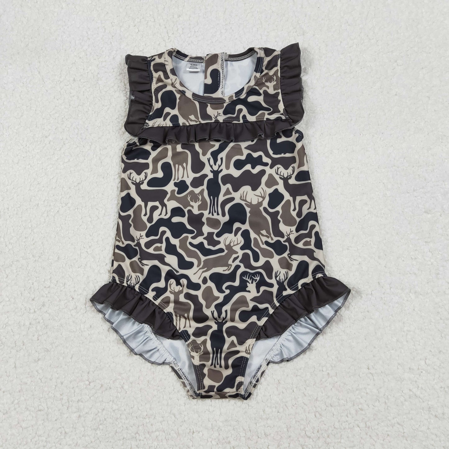 S0597 Baby Girls Sleeveless Southern Hunting Brown Deer Camo Ruffle Swimsuits