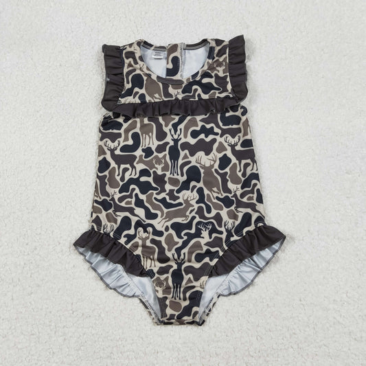 S0597 Baby Girls Sleeveless Southern Hunting Brown Deer Camo Ruffle Swimsuits