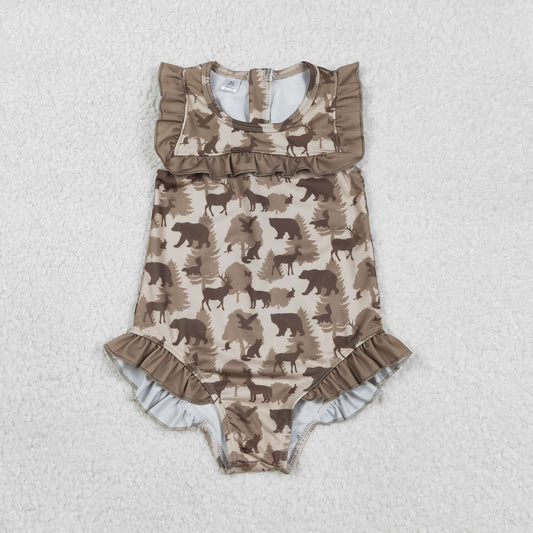 S0599 Baby Girls Sleeveless Southern Hunting Bears Deer Camo Ruffle Swimsuits