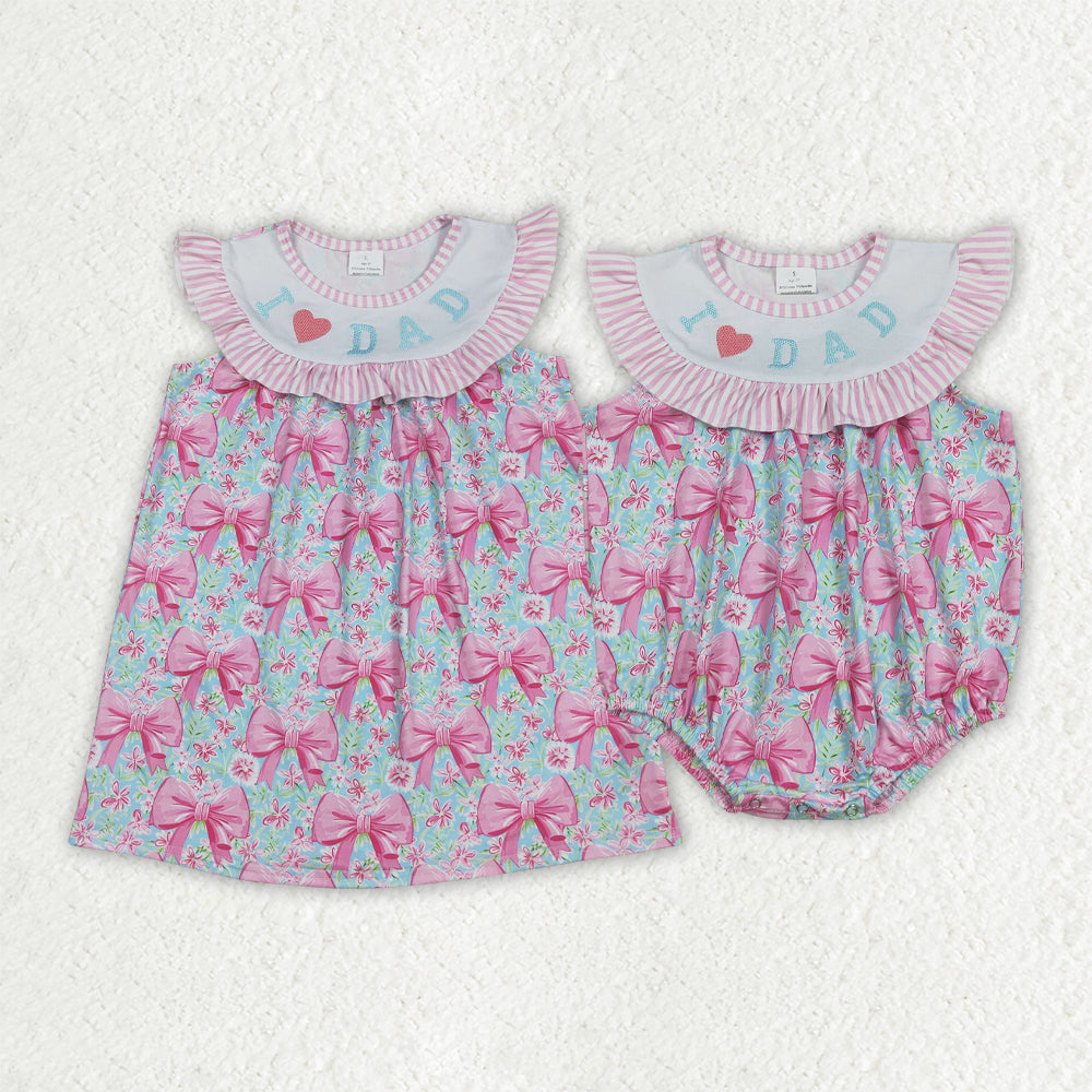 Sibling Embroidery Baby Girls Pink I Love Dad Floral Bows Rompers Dresses
