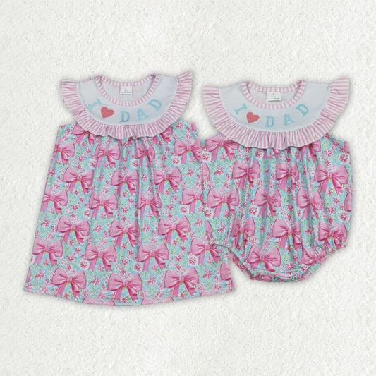 Sibling Embroidery Baby Girls Pink I Love Dad Floral Bows Rompers Dresses