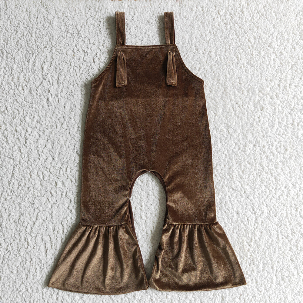 girls Dark Green Velvet Straps Bell Bottom Jumpsuits SR0090