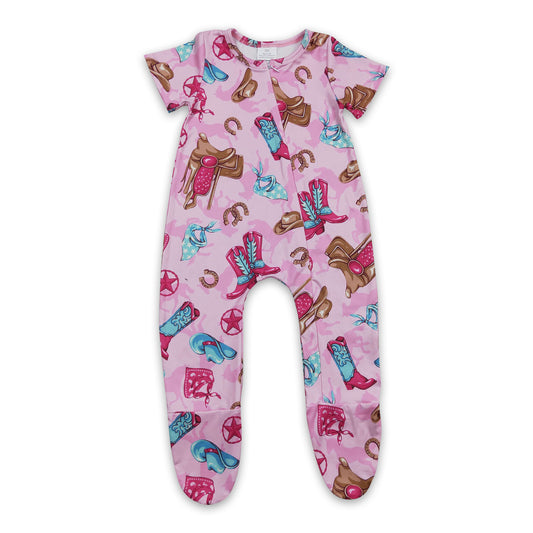 SR0194 baby boy cowgirl pink boots zip short sleeve romper