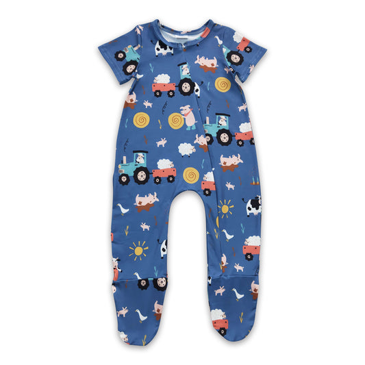 SR0195 baby boy cowboy farm cow zip short sleeve romper