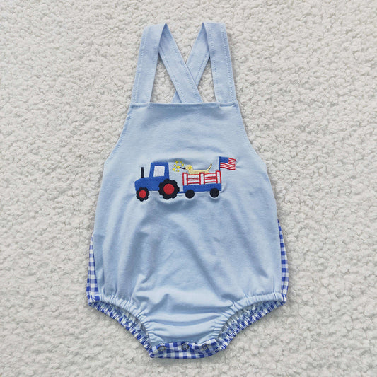 SR0274 baby boys truck flag embroidery strap rompers