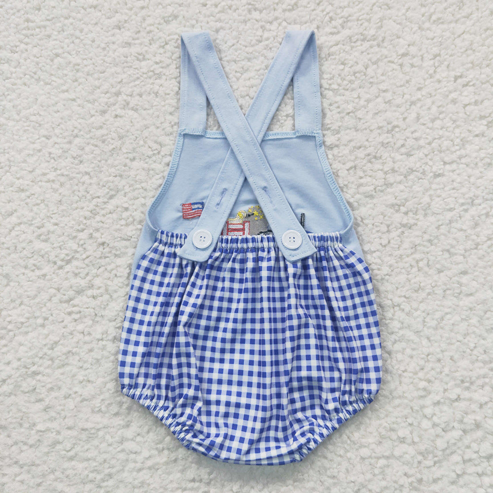 SR0274 baby boys truck flag embroidery strap rompers