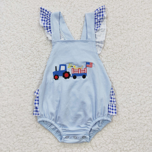 SR0273 baby girls truck flag embroidery strap rompers