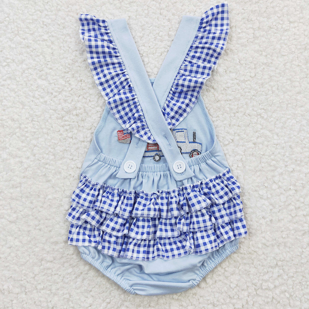 SR0273 baby girls truck flag embroidery strap rompers