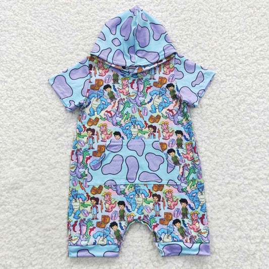 baby blue dinosaur printed cotton hoodie romper SR0405