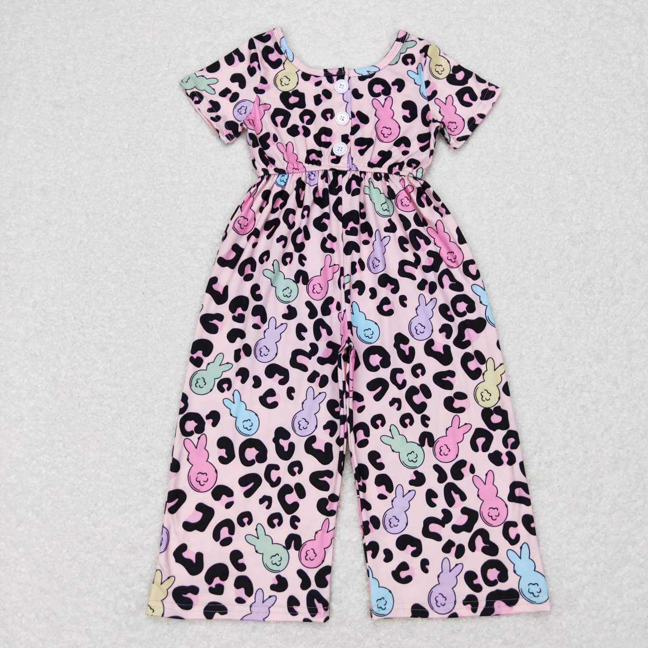 SR0481 baby girls bunny leopard print short sleeves jumpsuit