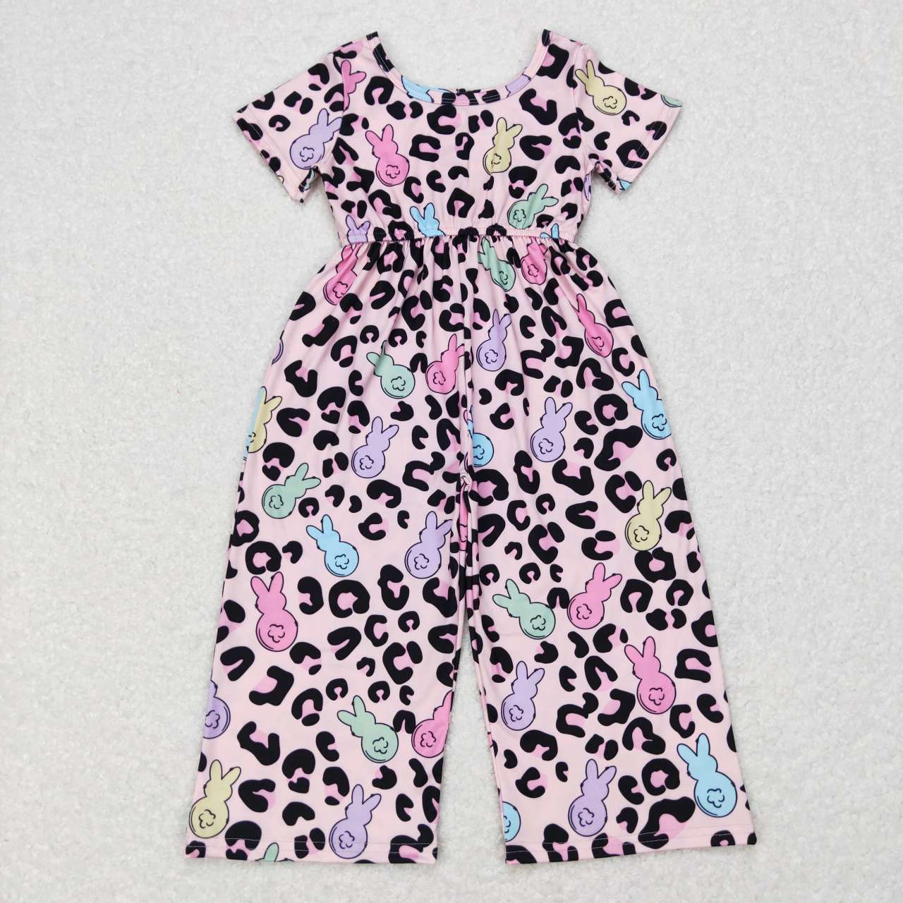 SR0481 baby girls bunny leopard print short sleeves jumpsuit