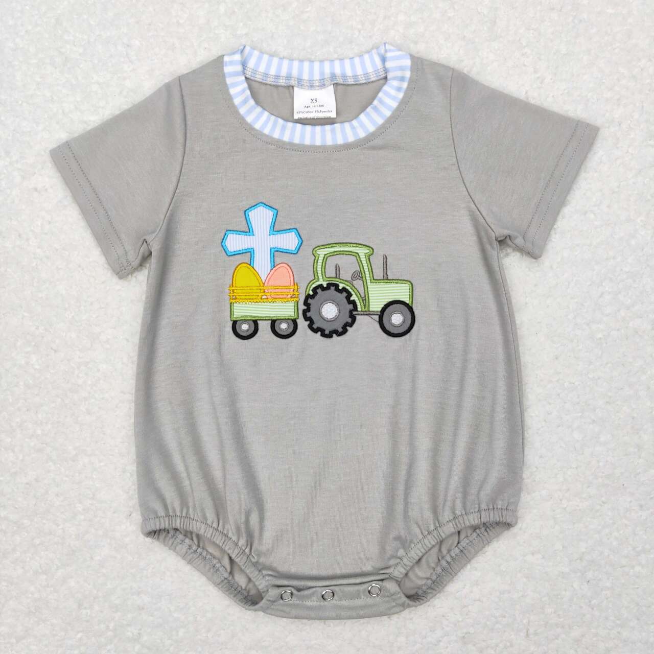 SR0490 baby boy Embroidery Cross Tractor Easter romper