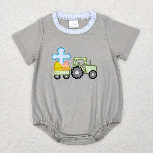 SR0490 baby boy Embroidery Cross Tractor Easter romper