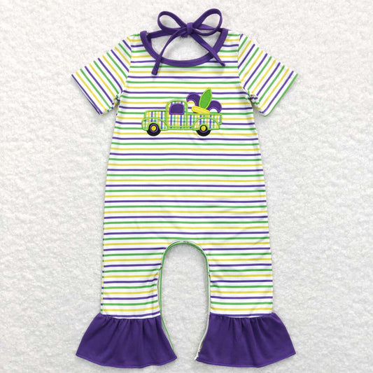 SR0518 baby girl Mardi Gras Green short sleeve romper