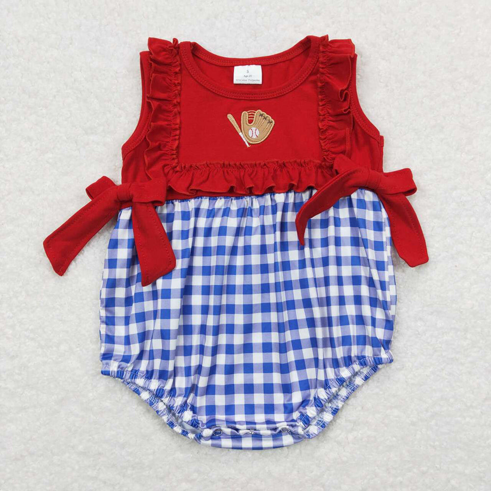 SR0615 baby girls baseball embroidery checkered straps rompers