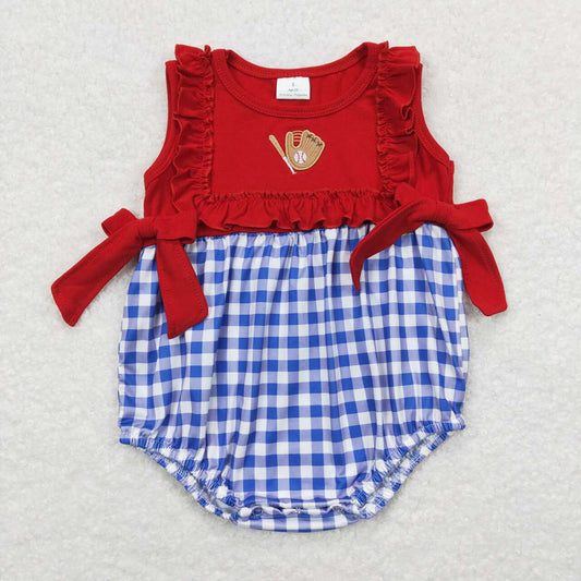 SR0615 baby girls baseball embroidery checkered straps rompers
