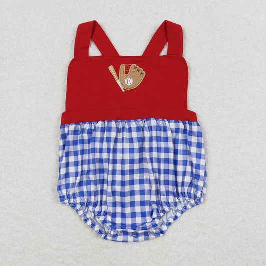 SR0616 baby boys baseball embroidery checkered straps rompers
