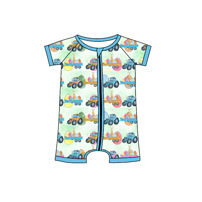 SR0883 pre-order baby boy clothes truck bunny eggs print boy easter romper