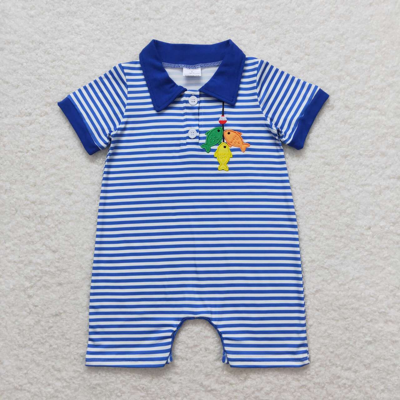 Sibling Brother Baby Boys Embroidery Fishing Blue Stripes Summer Clothes Sets Rompers