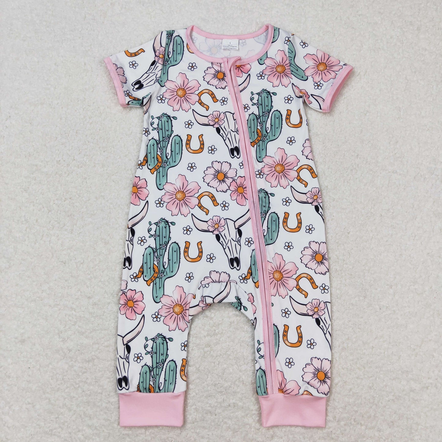 baby girl clothes pink cow cactus zip western romper