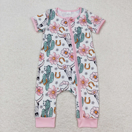 baby girl clothes pink cow cactus zip western romper