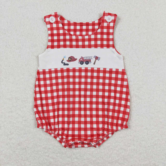 SR1174 baby boy clothes embroidery Red checkered tool toddler summer bubble