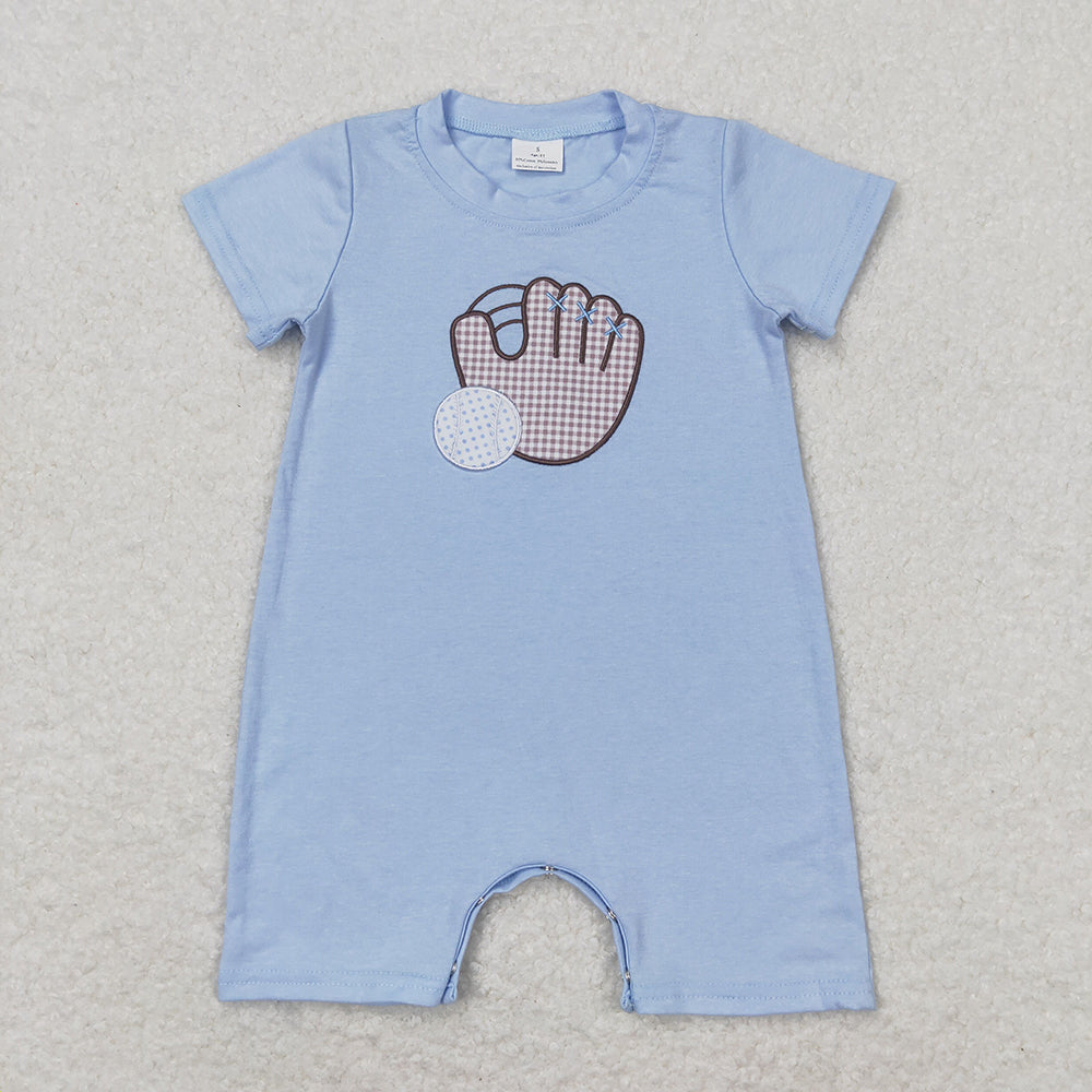 SR1214 baby boys baseball embroidery blue short sleeve rompers