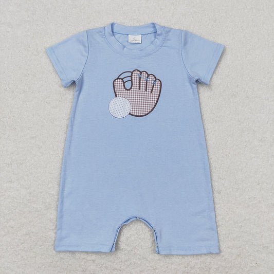 SR1214 baby boys baseball embroidery blue short sleeve rompers
