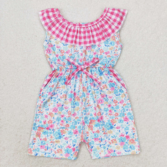 SR1244 baby girls pink checkered flowers pockets summer jumpsuits