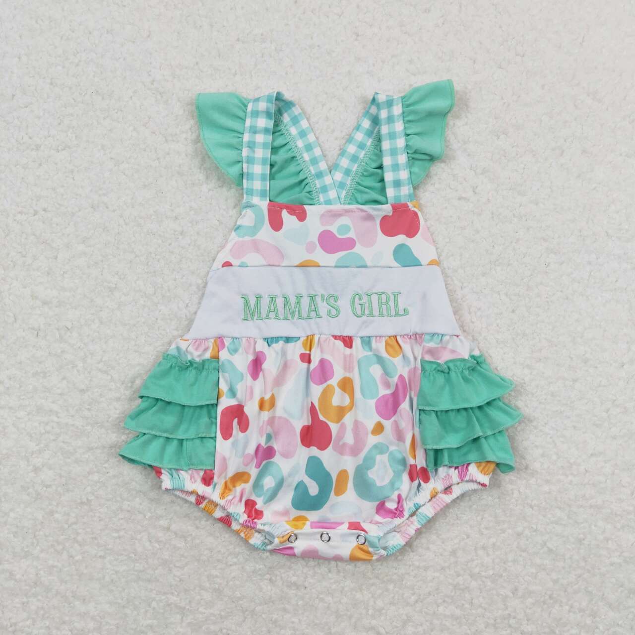 SR1246 baby girl clothes embroidery mama’s girl green leopard toddler summer bubble rompers