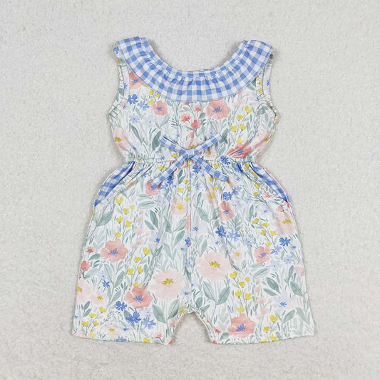 SR1343 baby girls blue checkered floral pockets summer jumpsuits