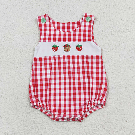 SR1468 baby boy clothes embroidery Red checkered strawberry toddler summer bubble