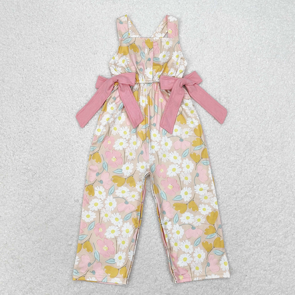 SR1674  kids clothes girls pink flowers bows summer jumpsuit