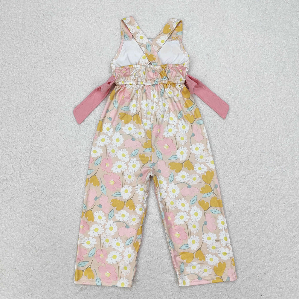 SR1674  kids clothes girls pink flowers bows summer jumpsuit