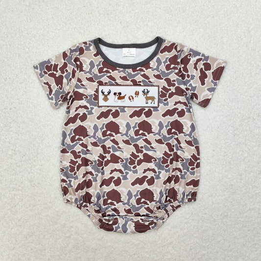 SR1785   baby boy deer dogs embroidery hunting camo toddler summer bubble rompers