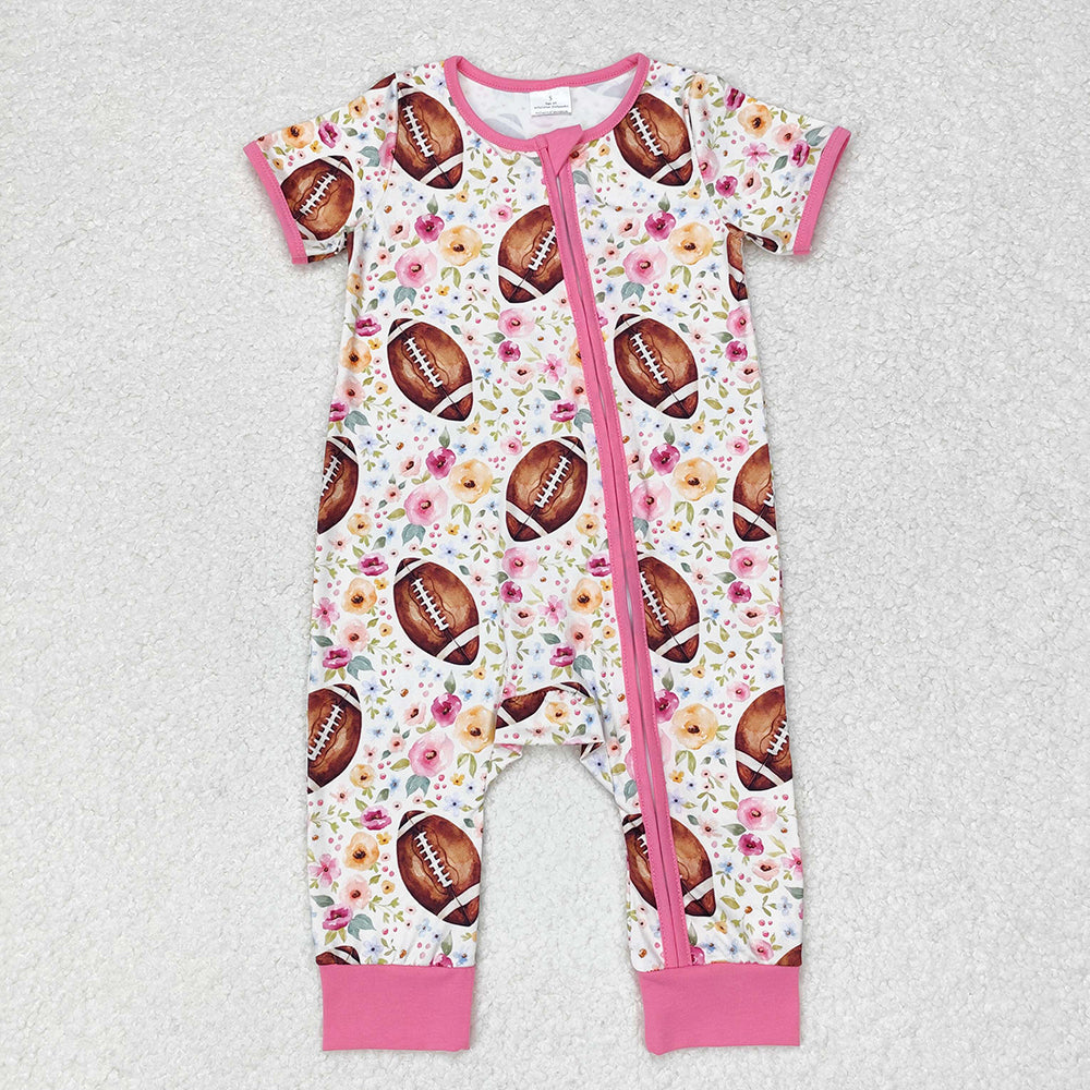 SR1872 baby girls football flowers zip short sleeve rompers