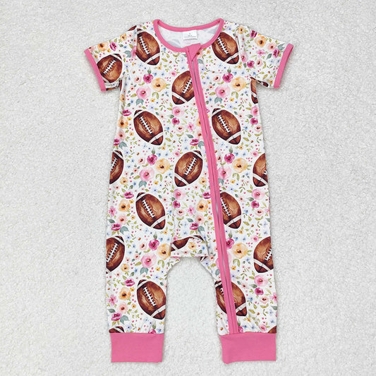 SR1872 baby girls football flowers zip short sleeve rompers