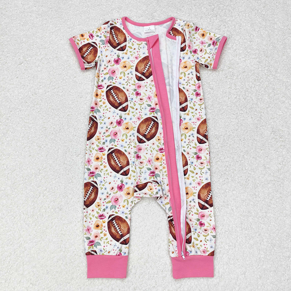 SR1872 baby girls football flowers zip short sleeve rompers