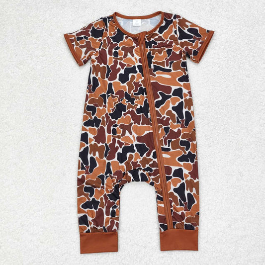 SR1895 Bamboo baby boys clothes brown hunting camouflage summer zip sleepers rompers