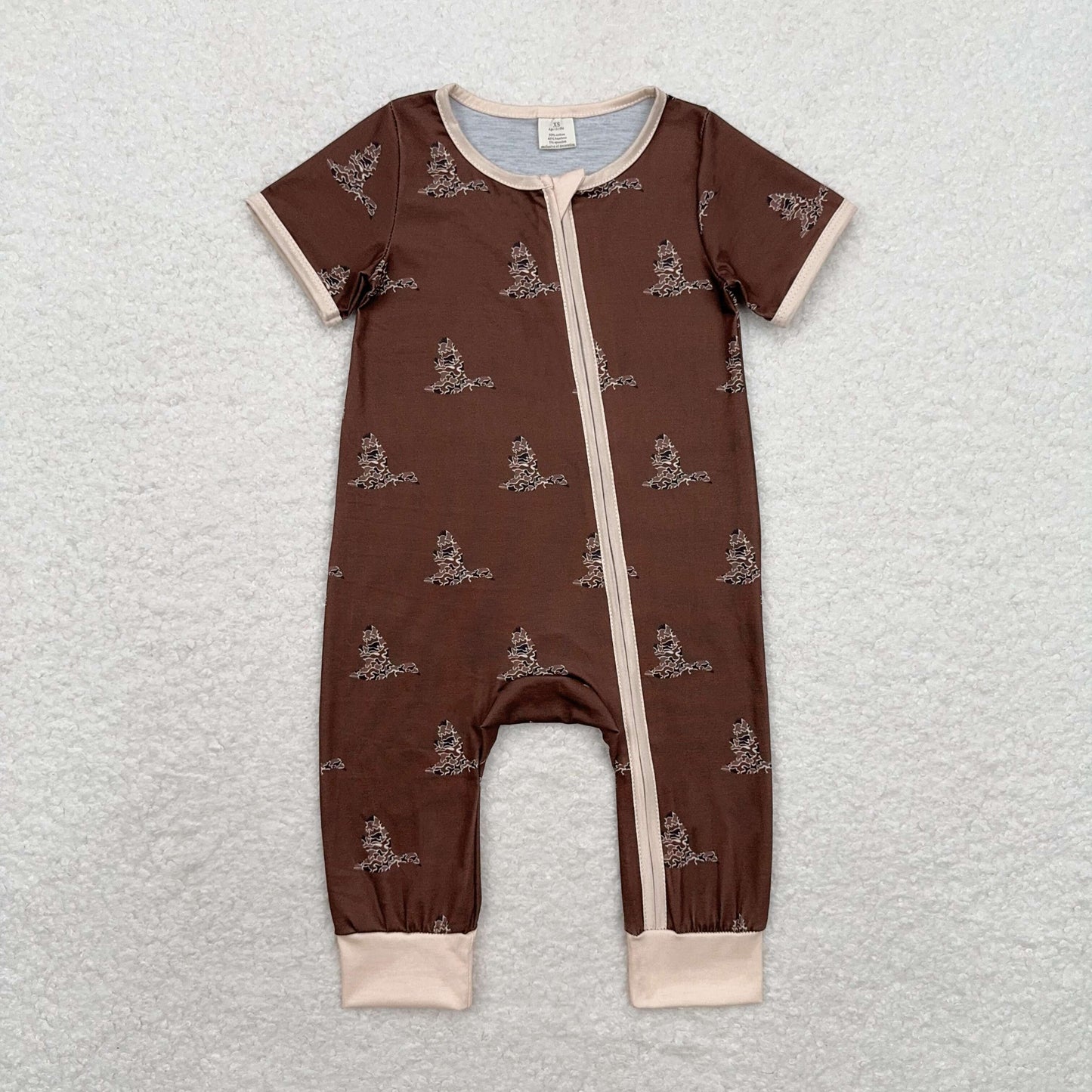 Sibling Baby Infant Boys Western Deer Camo Short Sleeves Bamboo Zipper Footie Rompers