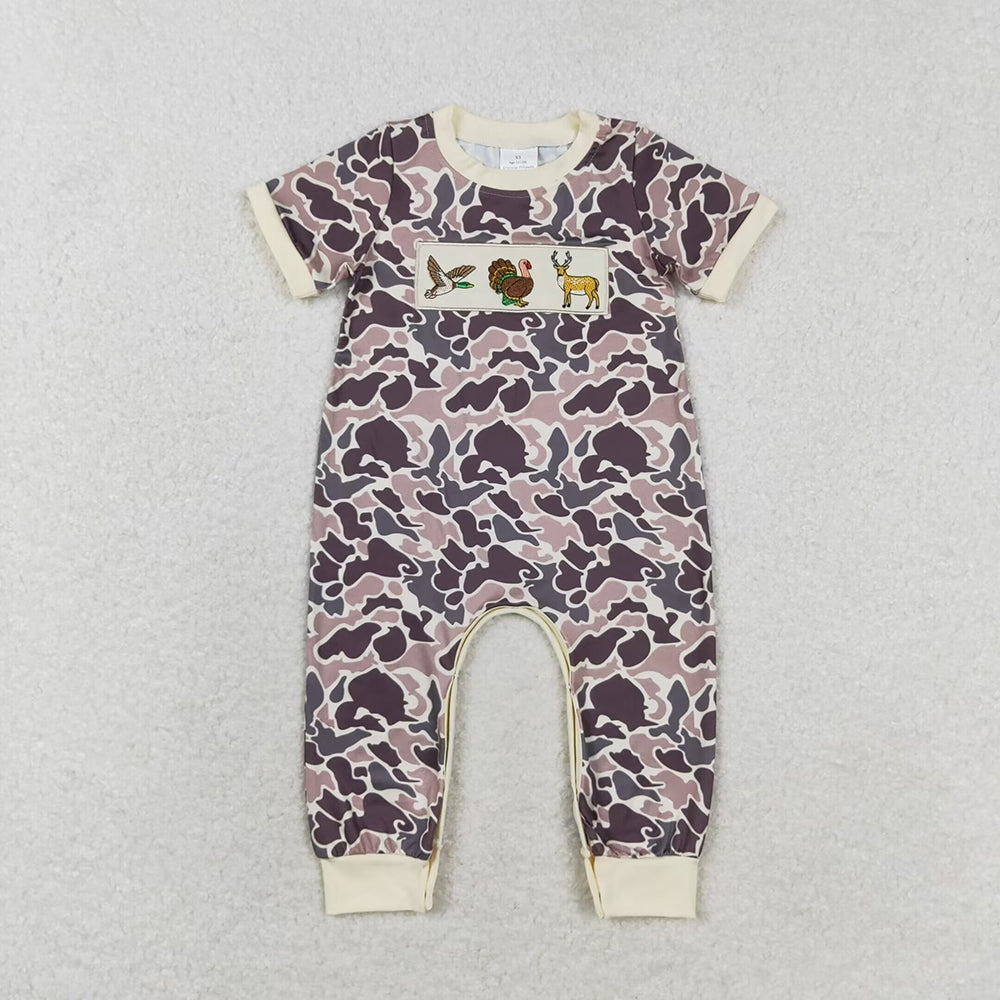 SR1901   baby boy deer dogs embroidery hunting camo toddler summer rompers