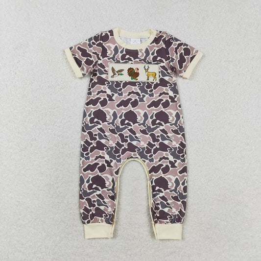 SR1901   baby boy deer dogs embroidery hunting camo toddler summer rompers