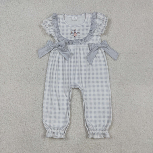 SR1970 Baby Girls Grey Checked Embroidery Turkey Bows Thanksgiving Ruffle Footie Rompers